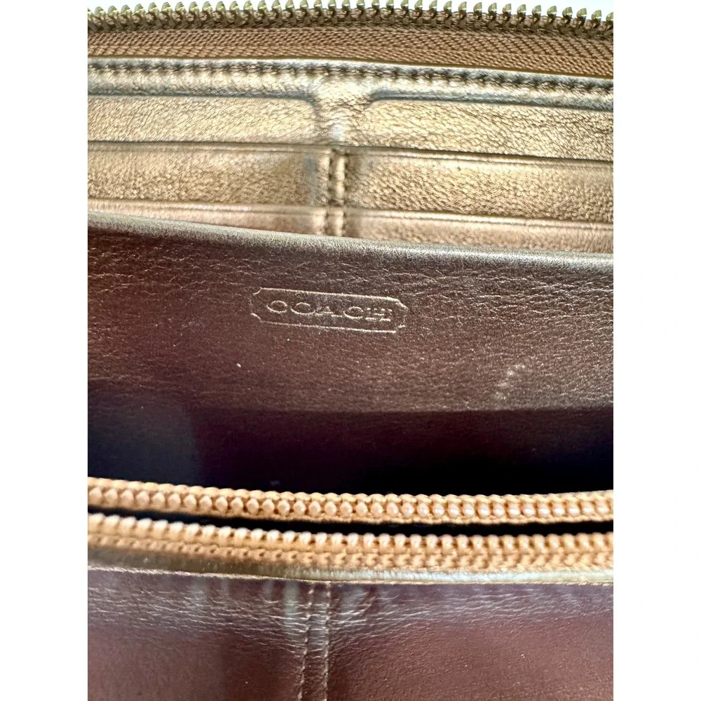 Coach Metallic Bronze Leather Zip Around Buckle Wallet Vintage Y2K Brass Logo